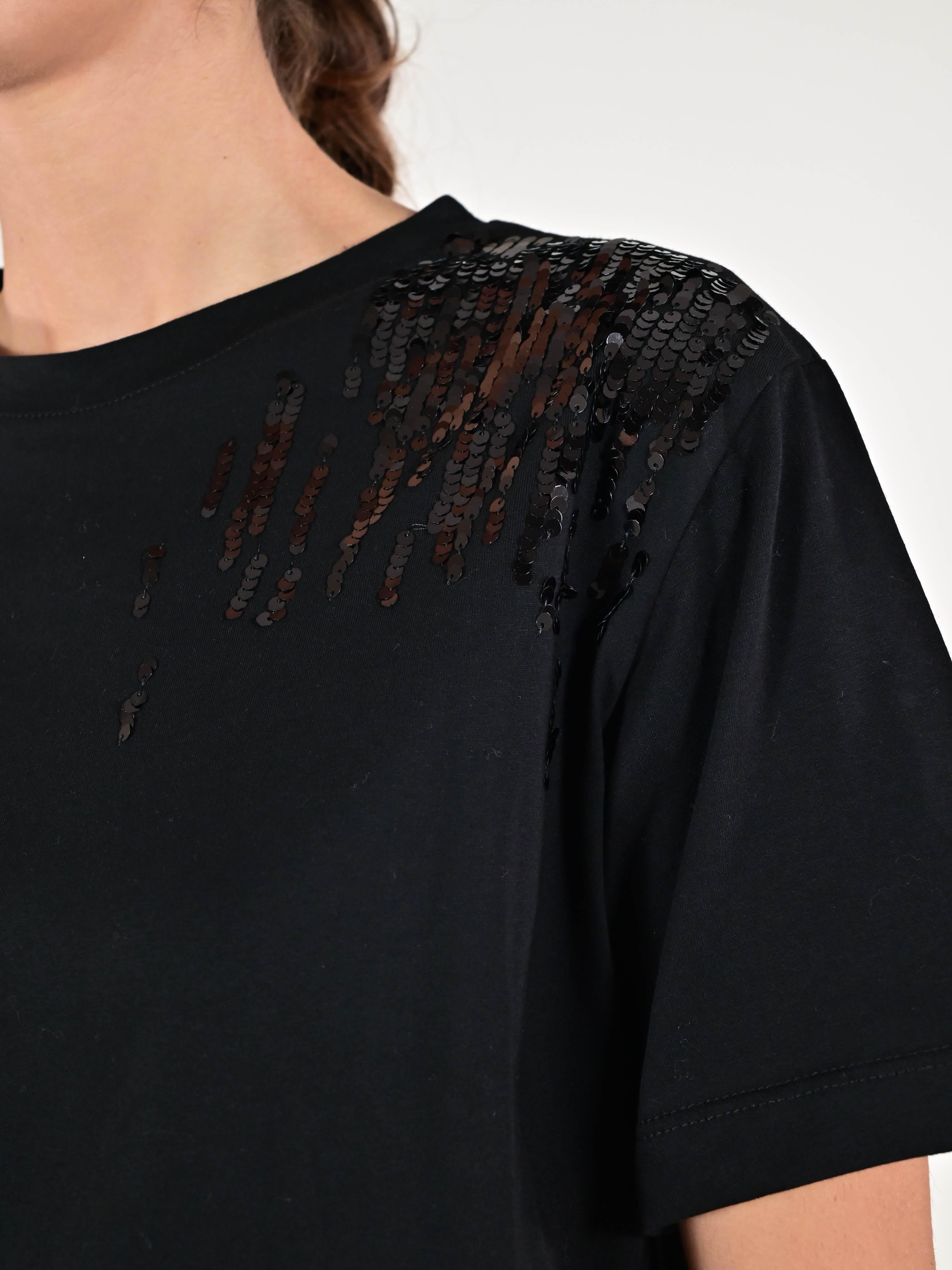 Maglia paillettes spalle cotone M5099-TP-R15219 NERO LALTRA|STORIA 