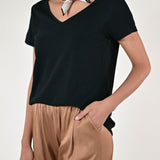 T-shirt scollo a V cotone-lino nero TATSV11 NERO LALTRA|STORIA 
