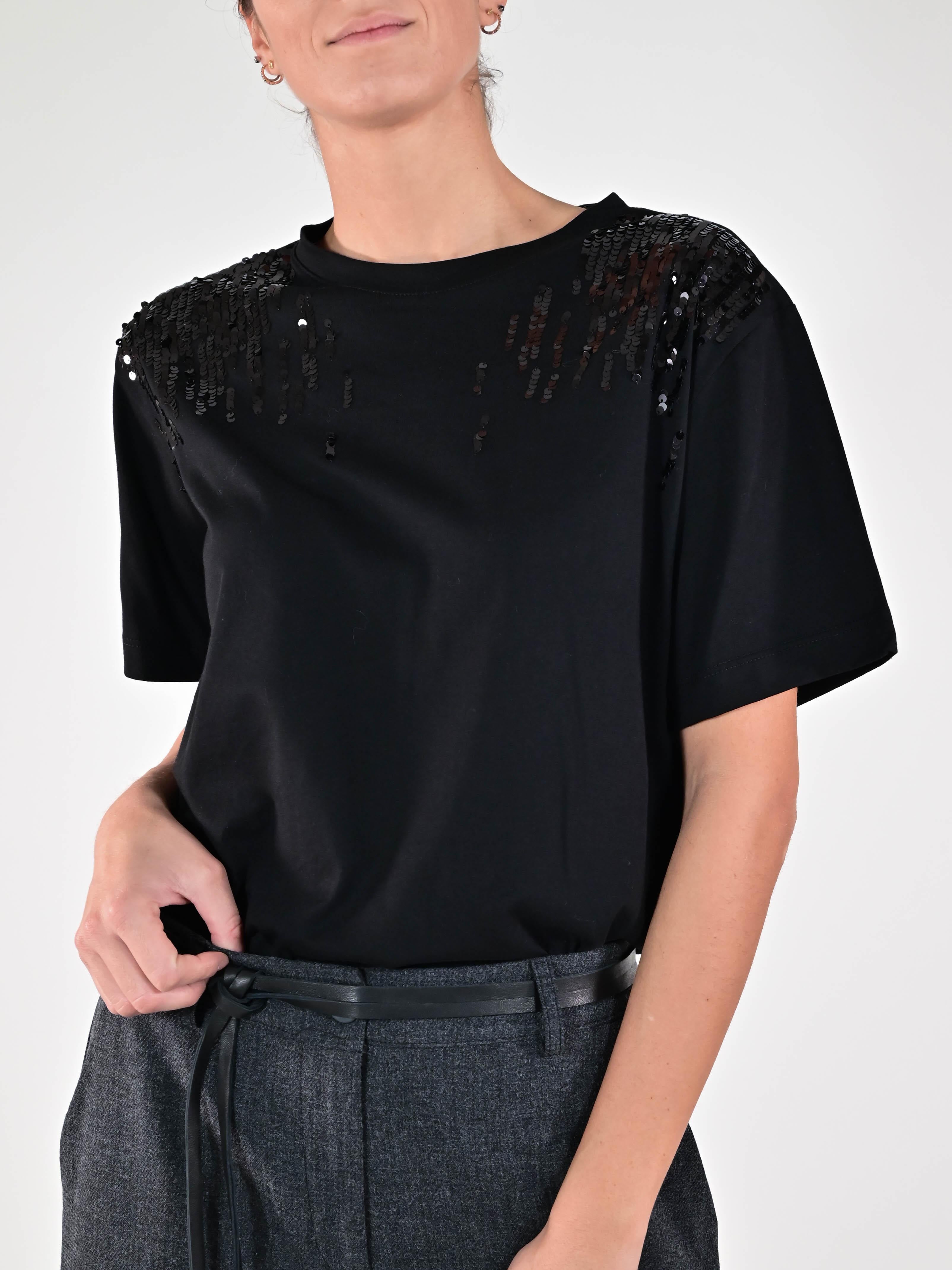 Maglia paillettes spalle cotone M5099-TP-R15219 NERO LALTRA|STORIA 