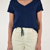 T-shirt scollo a V cotone-lino blu TATSV11 BLU LALTRA|STORIA 