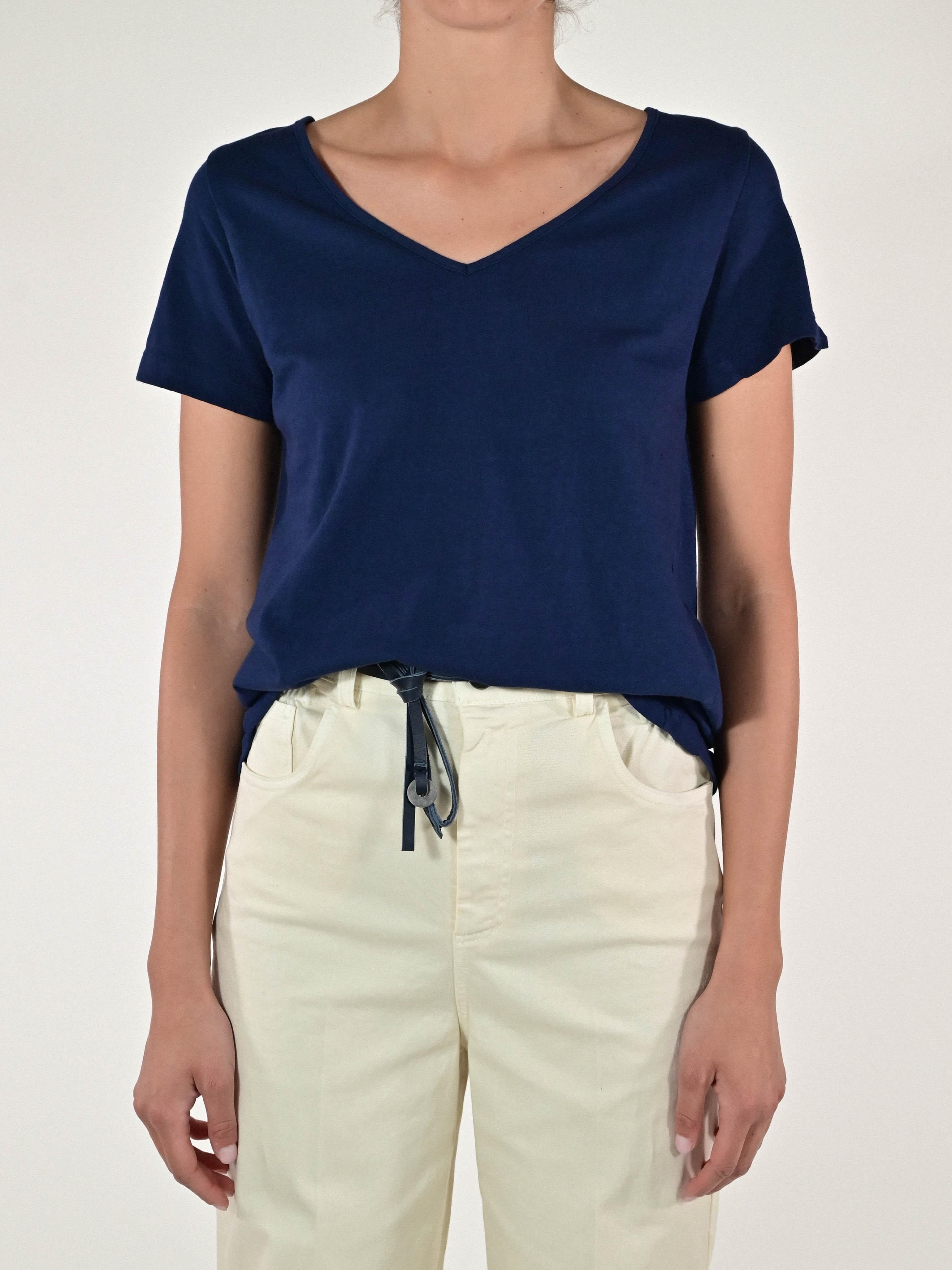 T-shirt scollo a V cotone-lino blu TATSV11 BLU LALTRA|STORIA 