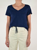T-shirt scollo a V cotone-lino blu