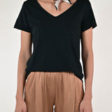 T-shirt scollo a V cotone-lino nero TATSV11 NERO LALTRA|STORIA 