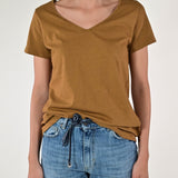 T-shirt scollo a V cotone-lino tabacco TATSV11 TABACCO LALTRA|STORIA 